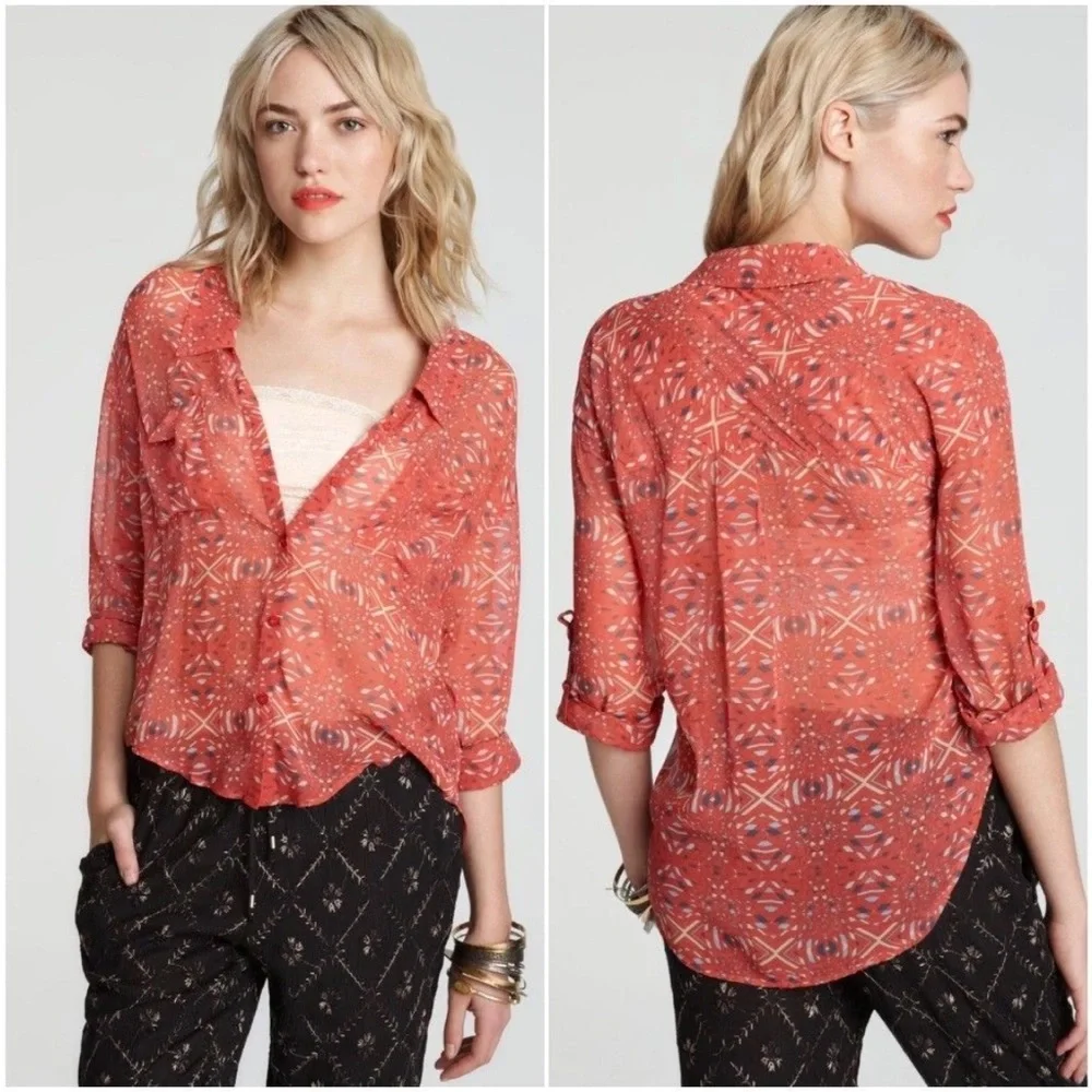 FREE PEOPLE EASYRIDER SHEER GEOMETRIC PRINT  LONG SLEEVE BUTTON DOWN SHIRT SMALL
